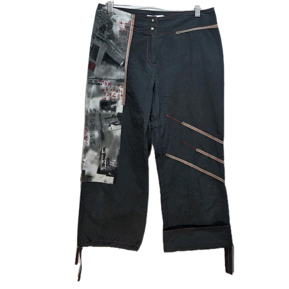 VTG Cache Punk Rock Pants Womens Sz 31 Black Cropped Wide Leg Straps Graffiti